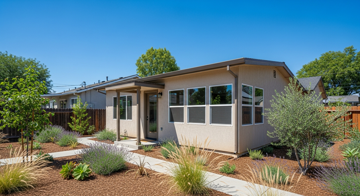 Modern detached accessory dwelling unit (ADU) in a Fresno, California backyard with the main house behind it