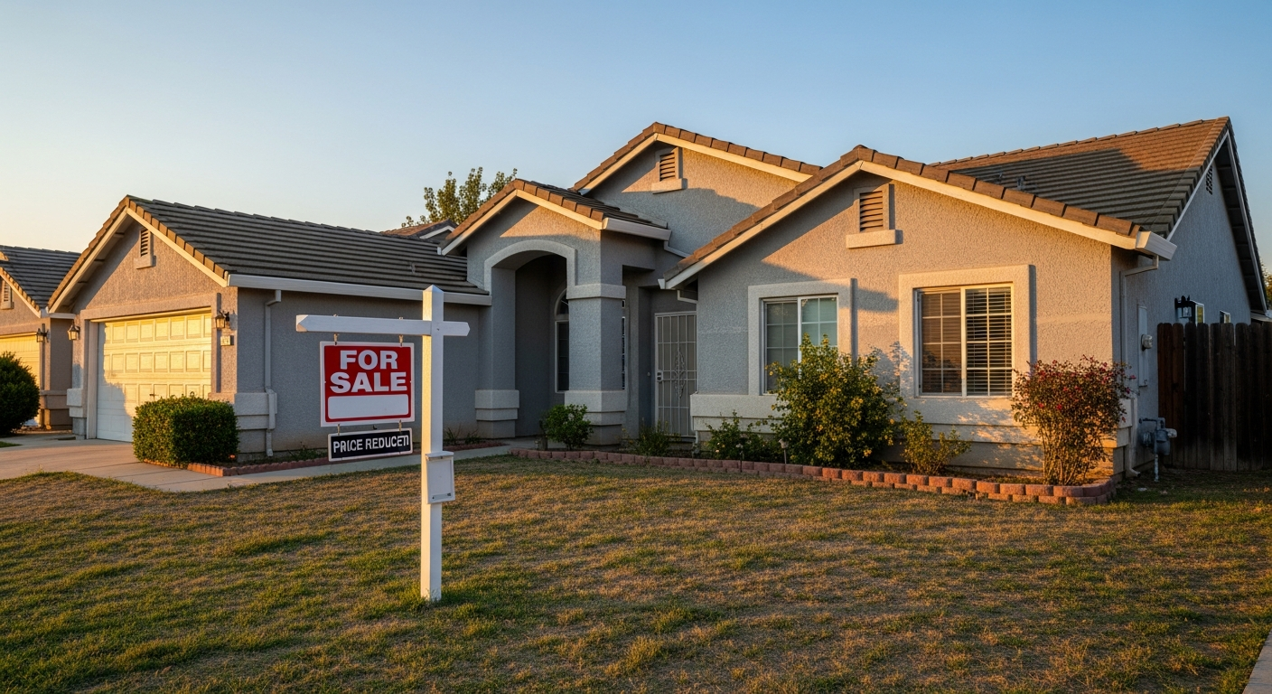 Fresno single-family home with a For Sale sign and Price Reduced rider sitting unsold in the front yard at golden hour